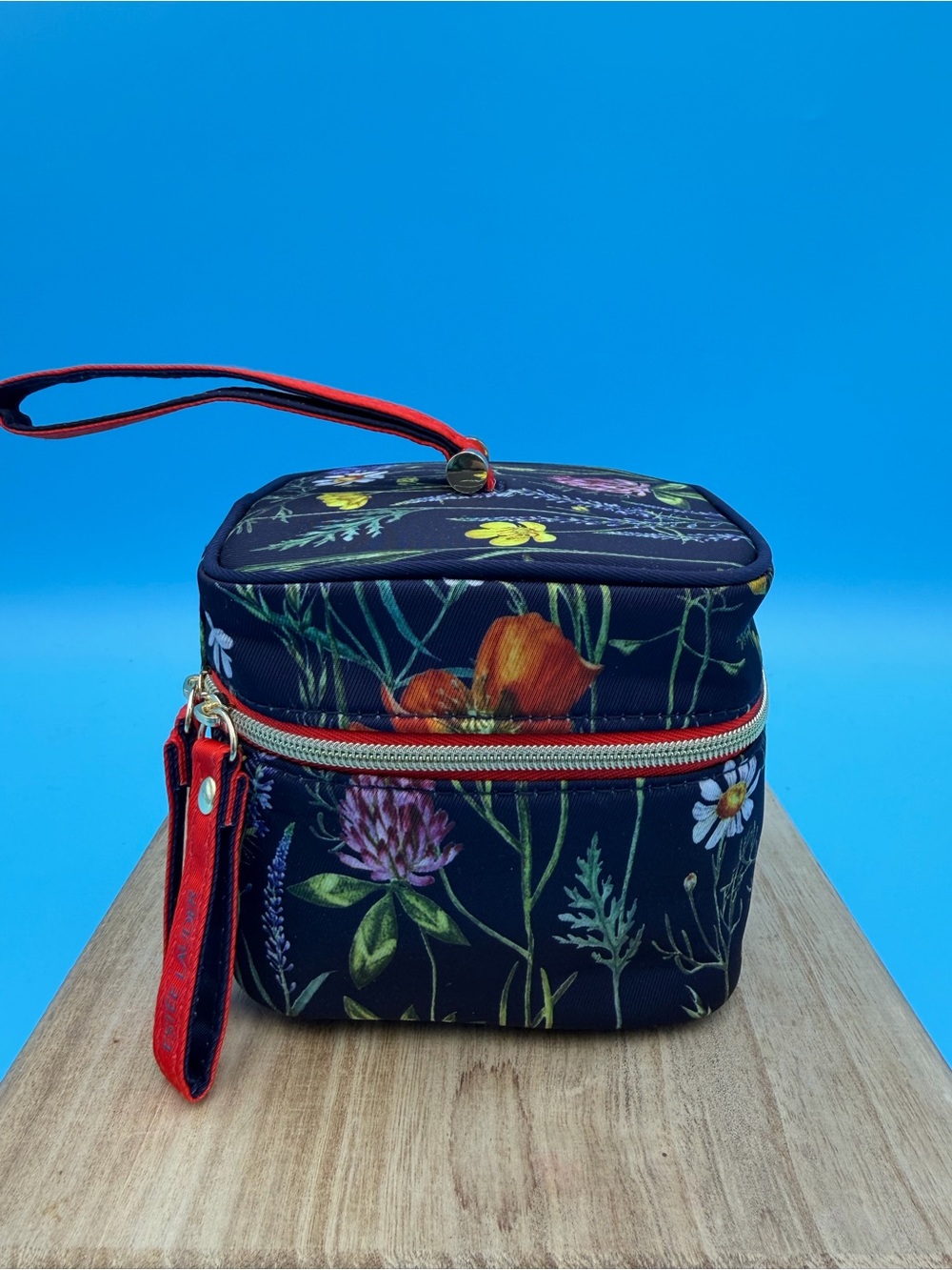 Estee Lauder Cosmetic Travel Bag 5"x 5" Blue with floral design 100% Polyester